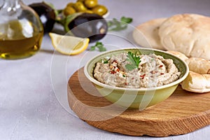 Eggplant Aubergine dip Baba Ghanoush. Traditional vegan arabic appetizer mutabbal . Close up