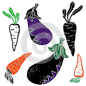 Eggplant and carrots. Graphic texture elements.