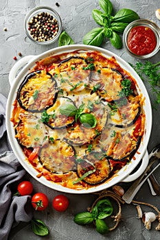 Eggplant casserole with cheese and tomato sauce in a white baking dish on a gray background with ingredients for cooking.