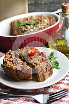 Eggplant casserole on white plate