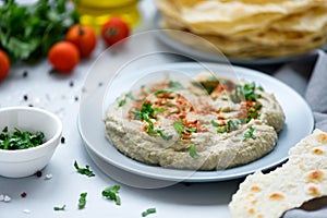 Eggplant dip baba ganoush mutabbal with herbs and paprika on gray wooden background. Selective focus. Traditional arabian food photo