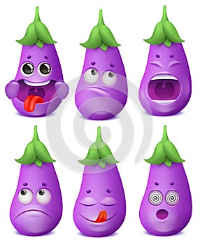 Eggplant emoji cartoon character set. Various emotions. Happiness, yummy, sadness, shock, shout