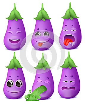 Eggplant emoji cartoon character set. Various emotions. Joy, disgust, boredom, disappointment. Vomiting