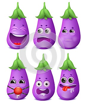 Eggplant emoji cartoon character set. Various emotions. Passion, Bdsm, fear, crazy, mad, insult photo