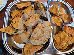 Eggplant fries tempura snack with chick pea flour dipping