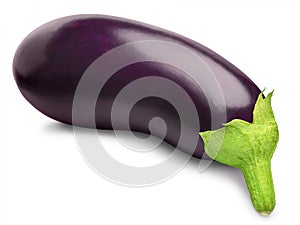 Eggplant isolated on white background. Ripe aubergine with natural green stalk in lying position