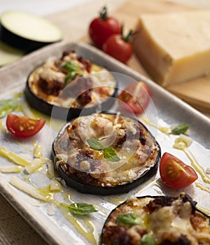 Eggplant mini pizza with sobrasada.