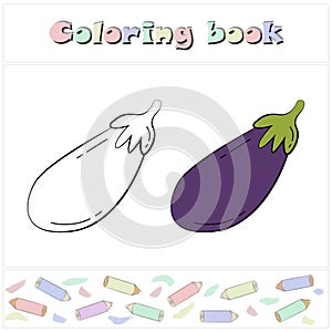 Eggplant. A page of a coloring book with a colorful vegetables and a sketch for coloring.