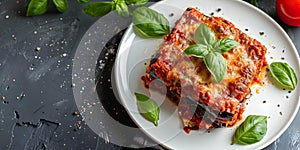 Eggplant Parmigiana: A Classic Italian Dish Served on a White Plate. Concept Italian Cuisine,