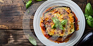 Eggplant Parmigiana: A Traditional Italian Dish Served on a White Plate. Concept Italian Cuisine,