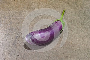 an eggplant or purple Solanum Melongena lying on a wooden board