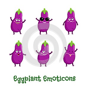 Eggplant smiles. Cute cartoon emoticons. Emoji icons