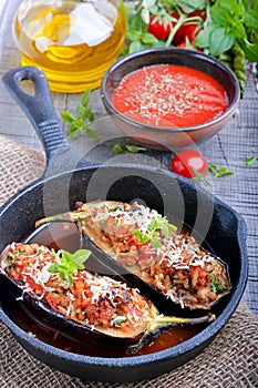Eggplant stuffed with meat, rice and vegetables