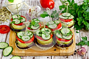 Eggplant, tomato, pepper, cucumber slices kebabs