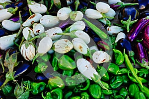 Eggplant Varieties and Green Bell Peppers at Greek Street Market