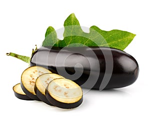 Eggplant vegetable fruits with cut isolated photo