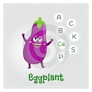 Eggplant vegetable vitamins and minerals. Funny vegetable character. Healthy food illustration