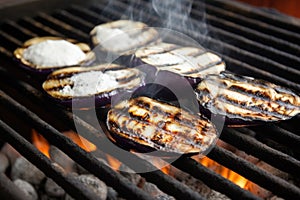 eggplants with charring marks on a grill, white smoke around