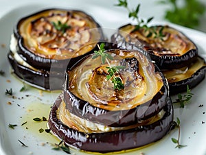 Eggplants fried in boiling oil and elegantly arranged in layers on top of each other with ricotta