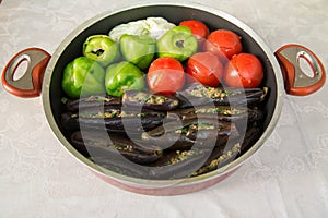 Eggplants are stuffed with meat lamb and rice. In Turkey, this dish is called Patlican dolmasi. eggplant filling . Stuffed