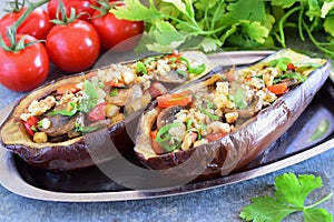 Eggplants stuffed with mushrooms, onions, carrots, tomatoes and nuts on a metal plate on a grey background. Vegetarian food. healt