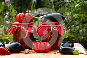 Eggplants in tomatoes in jars are located on a table in the garden.