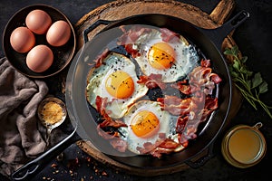 Eggs and Bacon Sunnyside Up in Frying Pan - Ai Generative