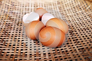 Eggs in the bamboo basket.