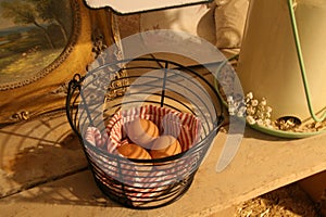 Eggs in Basket in Sunrise Light, Antique Farmhouse Old Wooden Table. Vintage Country Life.