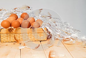 Eggs in basket on wooden with white background