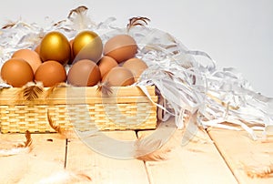 Eggs in basket on wooden with white background