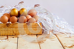 Eggs in basket on wooden with white background