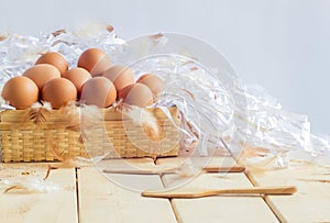 Eggs in basket on wooden with white background