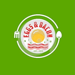 Eggs and Beckon logo. Cafe or restaurant emblem. Fork, spoon and fried eggs with bacon in the green background.