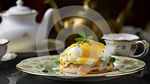 Eggs Benedict English muffin consists of toasted muffin topped with eggs, bacon and sauce