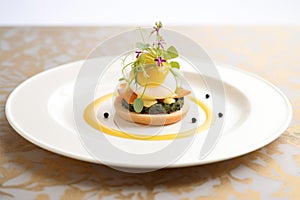 eggs benedict with a touch of caviar, served on fine diningware