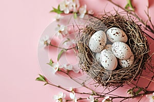 Eggs in bird nest in the corner on pink pastel backround.