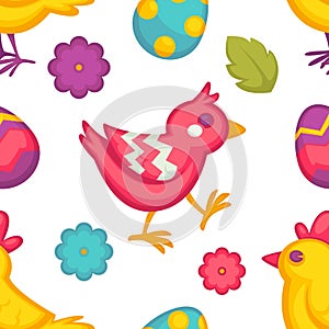 Eggs and birds chicken and flowers Easter seamless pattern