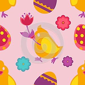 Eggs and birds chicken and flowers Easter seamless pattern