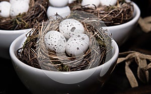 Eggs in Birds Nest in decorative white dish.  Three Quail Easter Eggs with rustic look