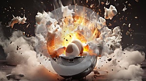 Eggs in a bowl with explosive flames around. Concept of cooking drama, cooking danger, kitchen mishap, culinary disaster