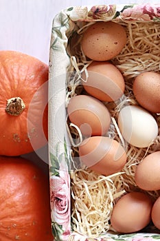 Fresh raw eggs in a paper egg container. Open egg packaging and ripe pumpkins