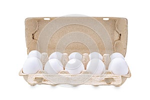 Eggs in a cardboard box on a white isolated background
