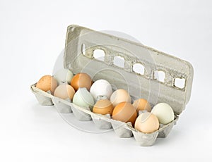 Eggs in cardboard carton assorted colors