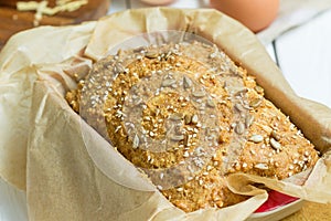 Eggs, Cheese and Homemade Gluten Free Butter Bread, Brioche, in the Baking Dish on a Light White Wooden Background, Close-up, Hori