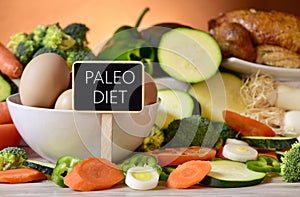 Eggs, chicken, vegetables and text paleo diet