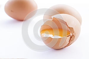 Eggs cooking for breakfast, a protein form yolk and albumen on a white background, or on a plain wooden table.