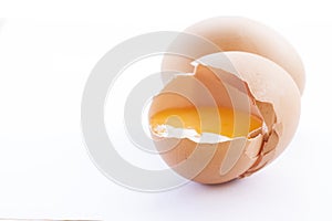 Eggs cooking for breakfast, a protein form yolk and albumen on a white background, or on a plain wooden table.