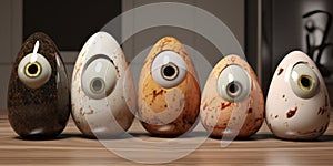 Eggs with eyes on a wooden table. 3d illustration.