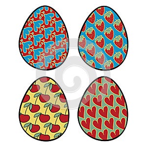 Eggs of fantasy dragon or dinosaur bright set. Mythical animal eggs. Vector flat style cartoon illustration isolated on white